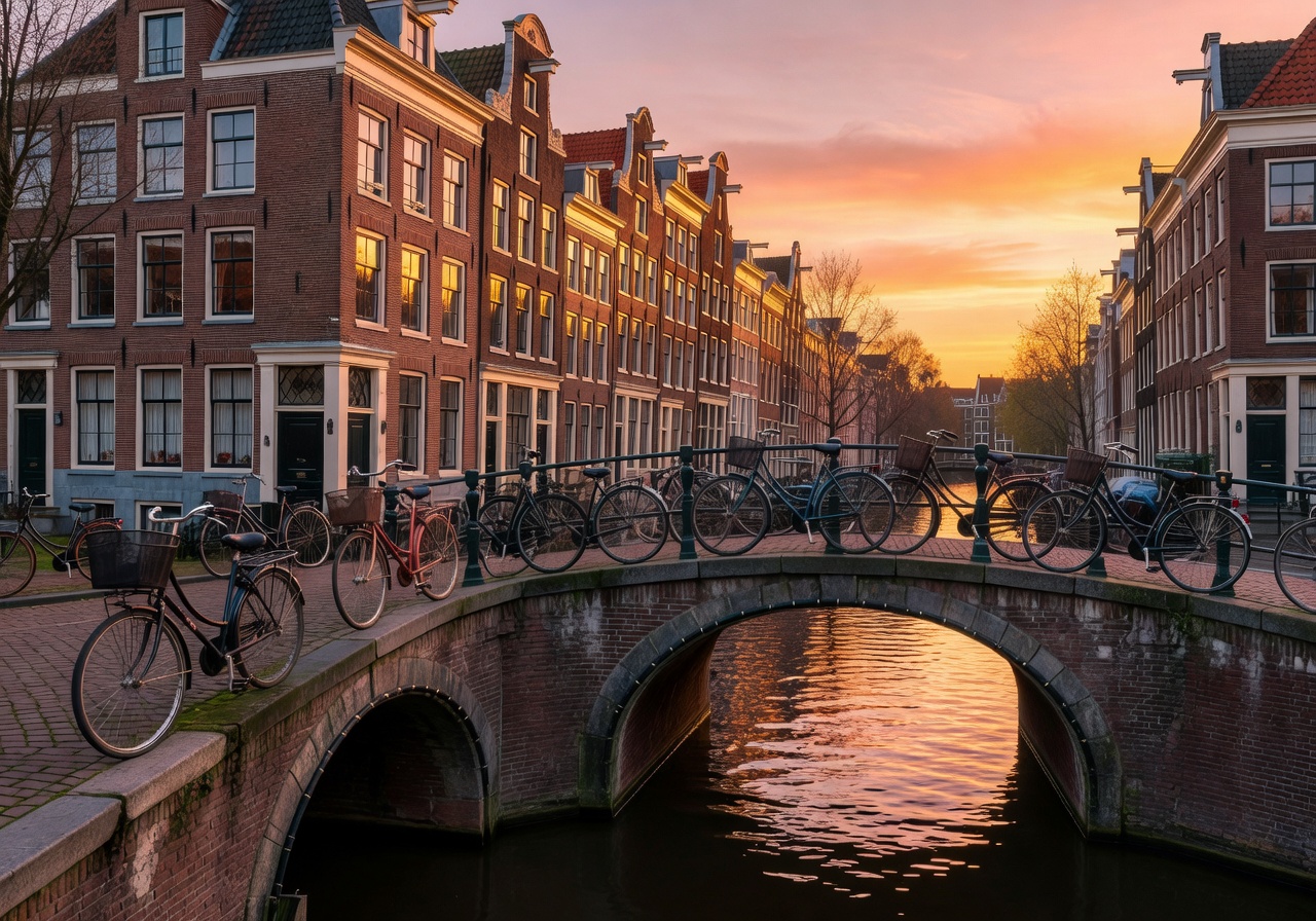 Amsterdam canal houses and bicycles on bridge at sunset