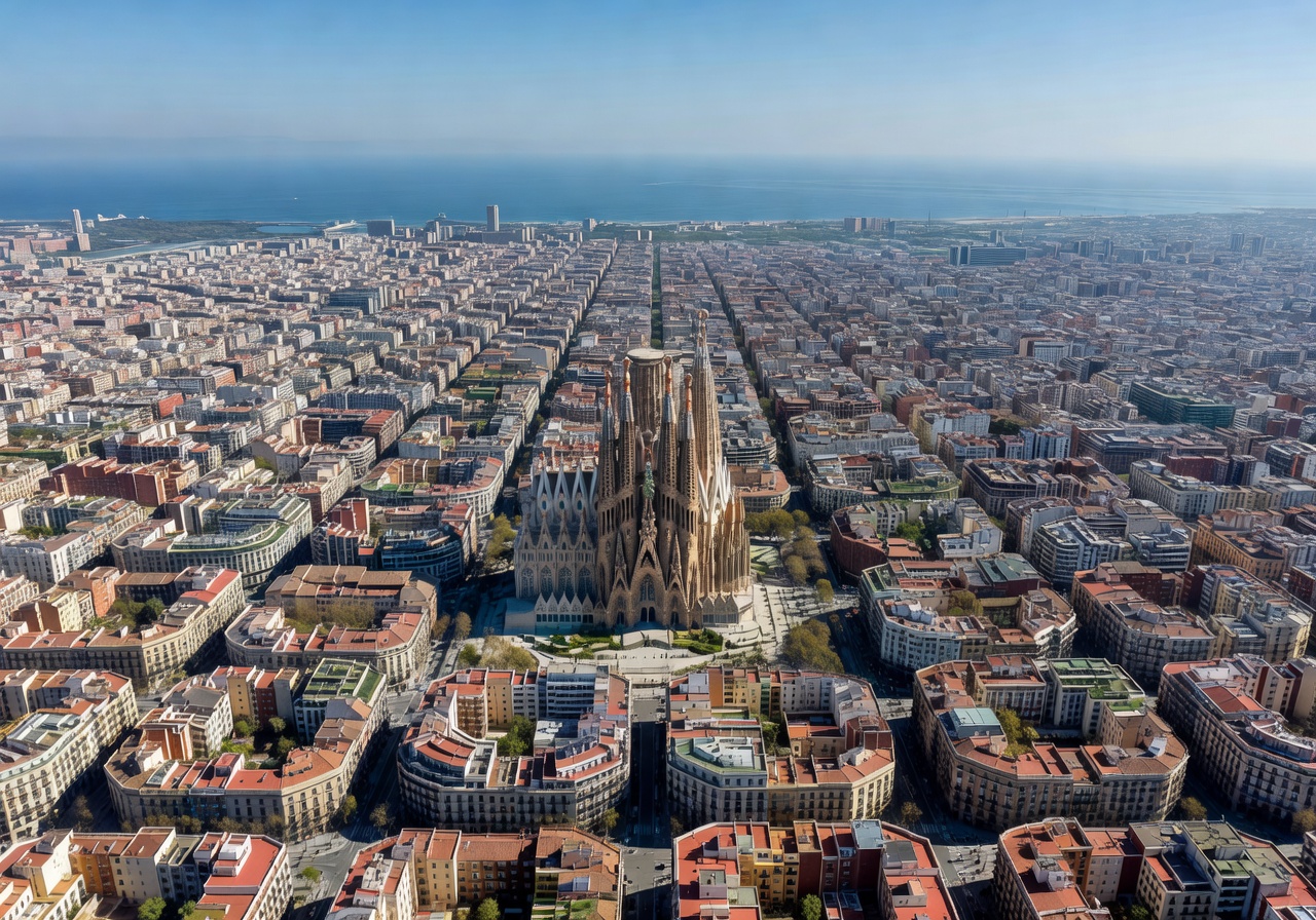 Barcelona aerial view with Sagrada Familia and city grid