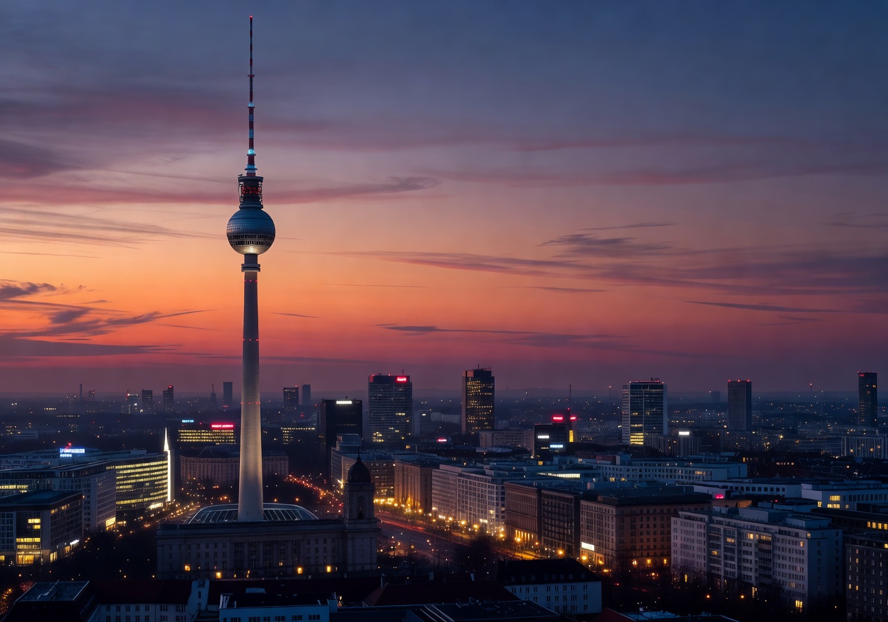 Berlin TV Tower and skyline at dusk with city lights