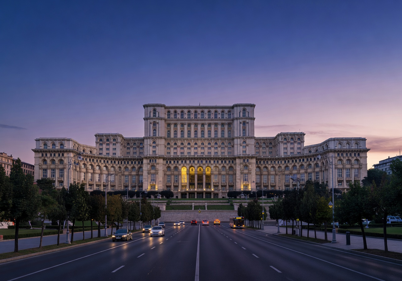 Bucharest Palace of Parliament and boulevard at twilight