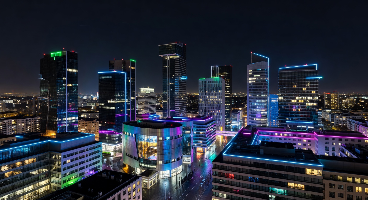 European city skyline at night with neon lights and modern architecture