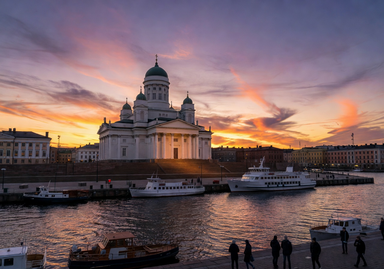 Helsinki waterfront with cathedral and harbor at sunset