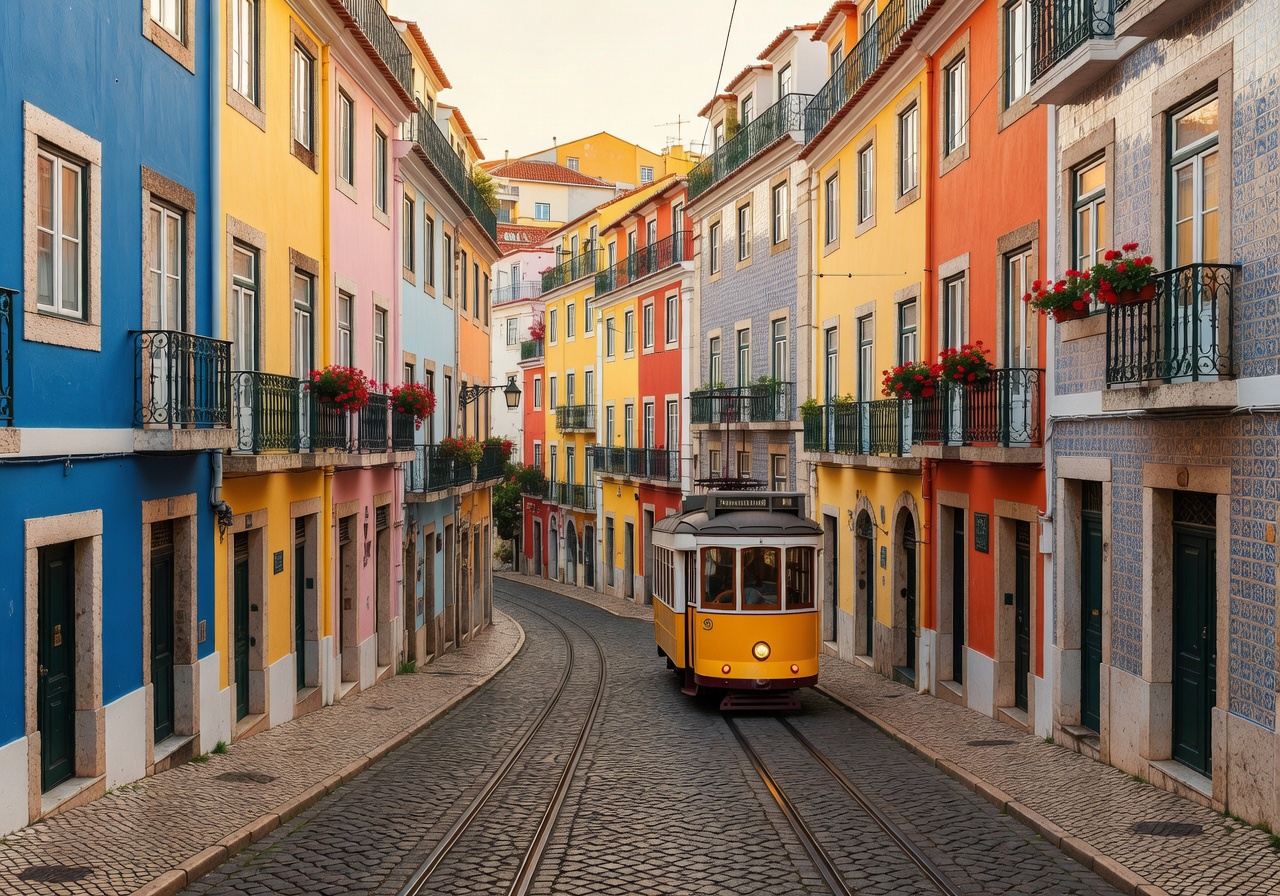 Lisbon colorful buildings and tram on hillside street