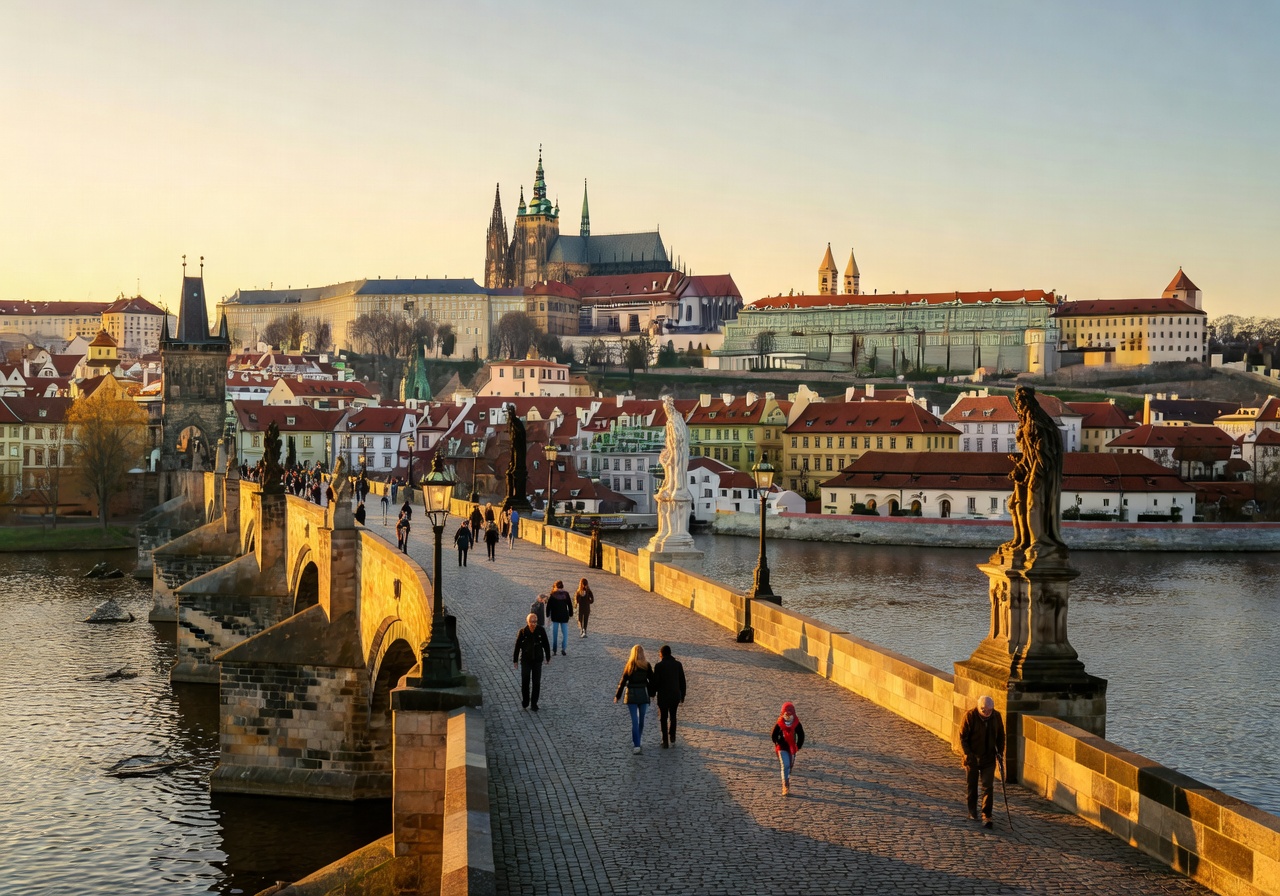 Prague Charles Bridge and castle at golden hour